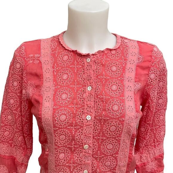 JOHNNY WAS BUTTON FRONT CORAL Eyelet EMBROIDERED BLOUSE 3/4‎ sleeve sz small - Picture 2 of 9
